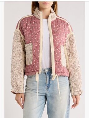 BLANK NYC Quilted Floral-Print Bomber Jacket in Dusty Rose and Cream